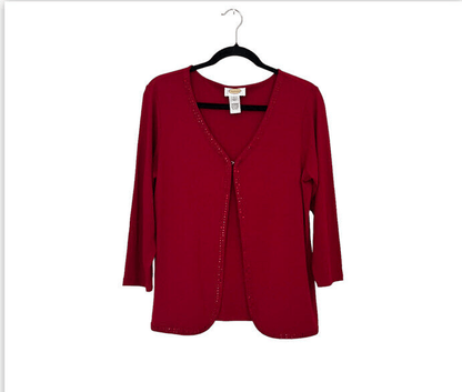 Talbots Open Front Rhinestone Embellishment Cardigan Blouse in Red Size Large