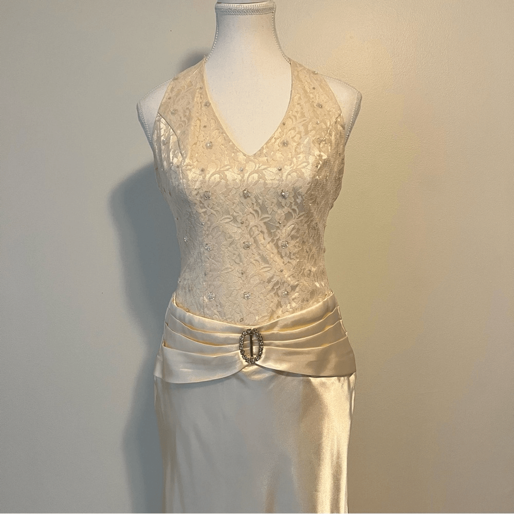Vintage Butter Yellow Y2K Lace Satin Halter Maxi Dress Size 10