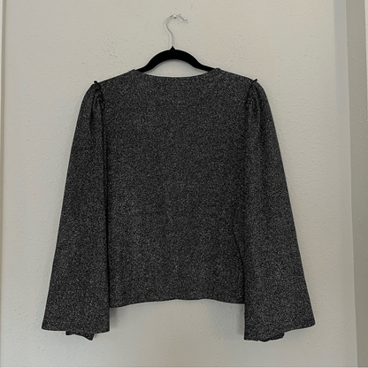 Express Sparkling Silver Metallic Bell Puff Sleeve Blouse Top Size Medium