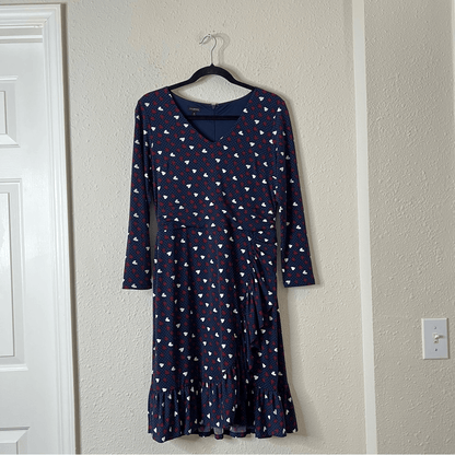 Talbots Heart Print A-Line Jersey Sheath Dress Long Sleeve Navy Blue Size 6
