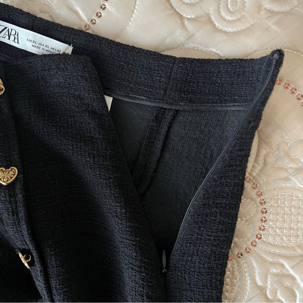 ZARA Textured Tweed Midi Skirt with Slit Gold Buttons NEW Size XL