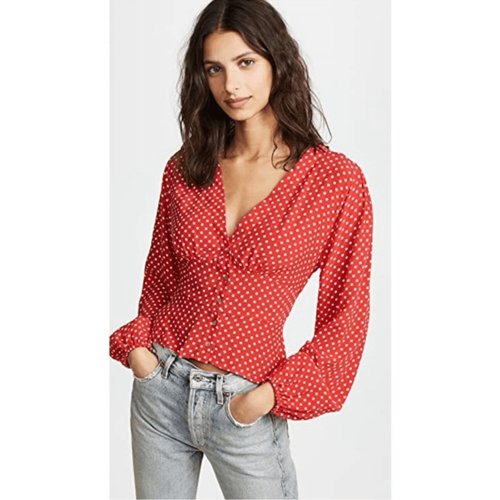 Free People Love Street Red White Polka Dot Long Sleeves Blouse M Retro Romantic