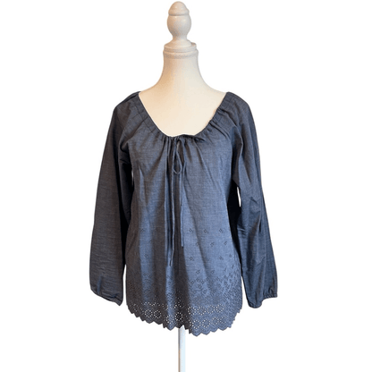 J. Crew Peasant Chambray Long Sleeves Eyelet Blouse Top Size 6 Long Sleeve
