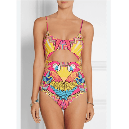 Mara Hoffman Parrot Tropical One Piece Swimsuit Size Large Cutout Pink Yellow