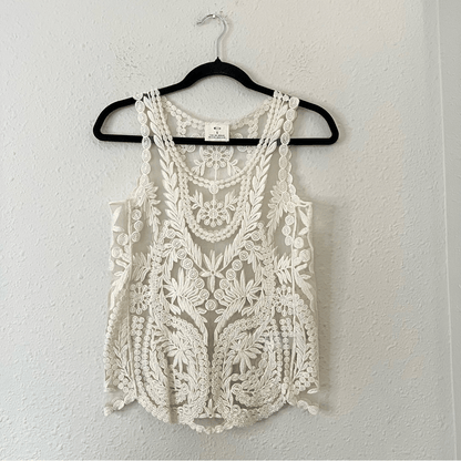 Anthropologie Pins & Needles Cream Embroidered Sheer Lace Tank Top Size Small