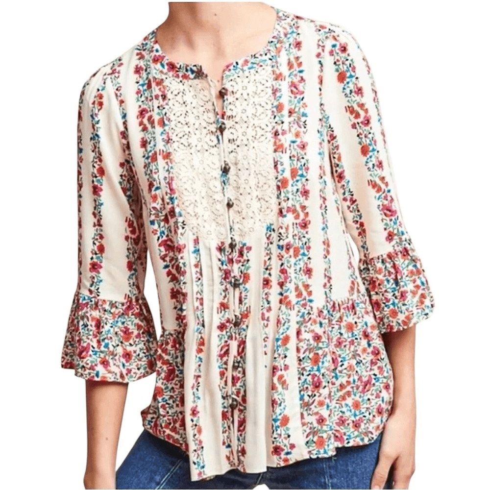 Anthropologie Maeve Hiver Boho Floral & Lace Bell Sleeve Peasant Blouse Size 6