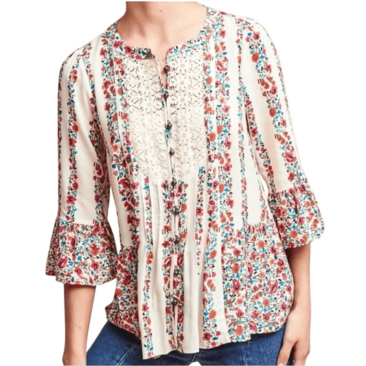 Anthropologie Maeve Hiver Boho Floral & Lace Bell Sleeve Peasant Blouse Size 6