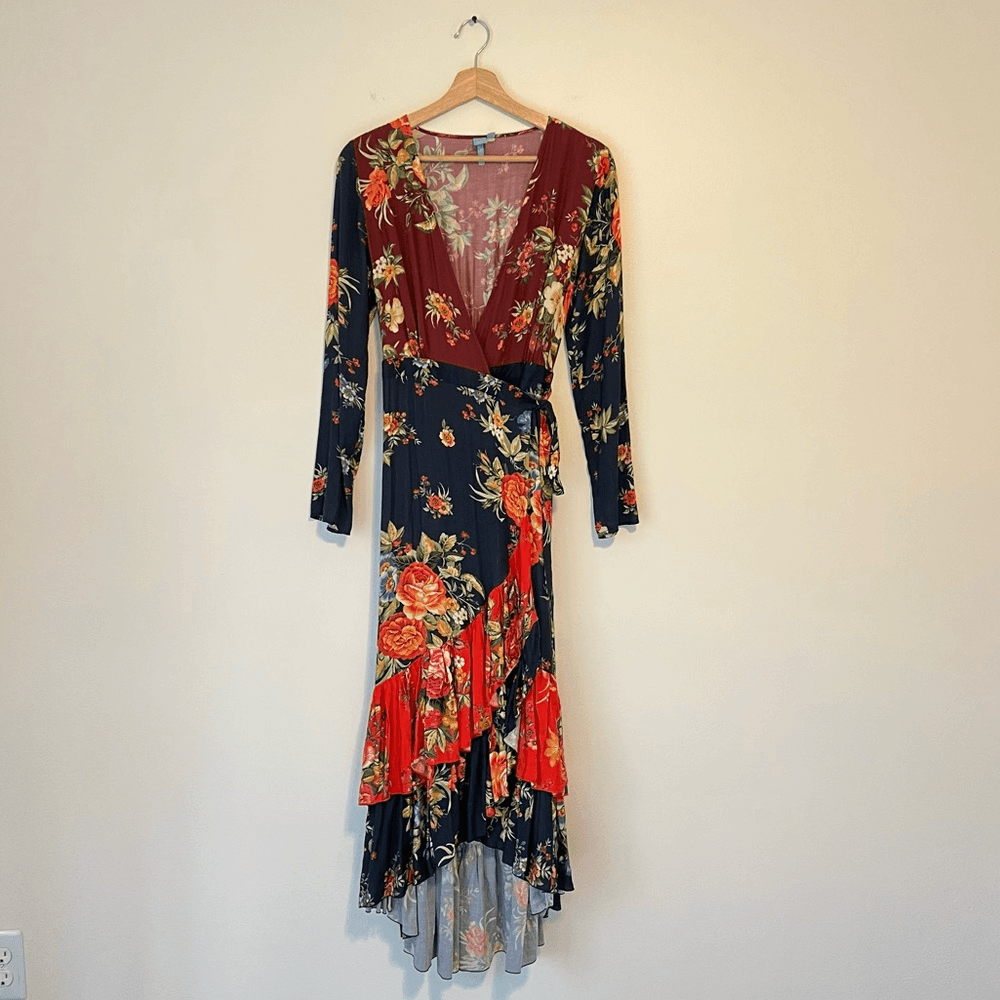 Anthropologie Farm Rio Audrey Wrap Maxi Dress Floral Long Sleeve Size SP