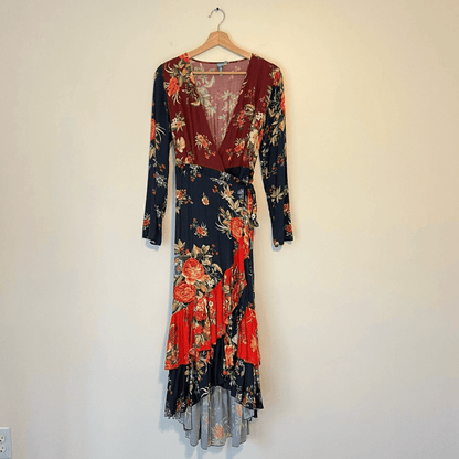 Anthropologie Farm Rio Audrey Wrap Maxi Dress Floral Long Sleeve Size SP