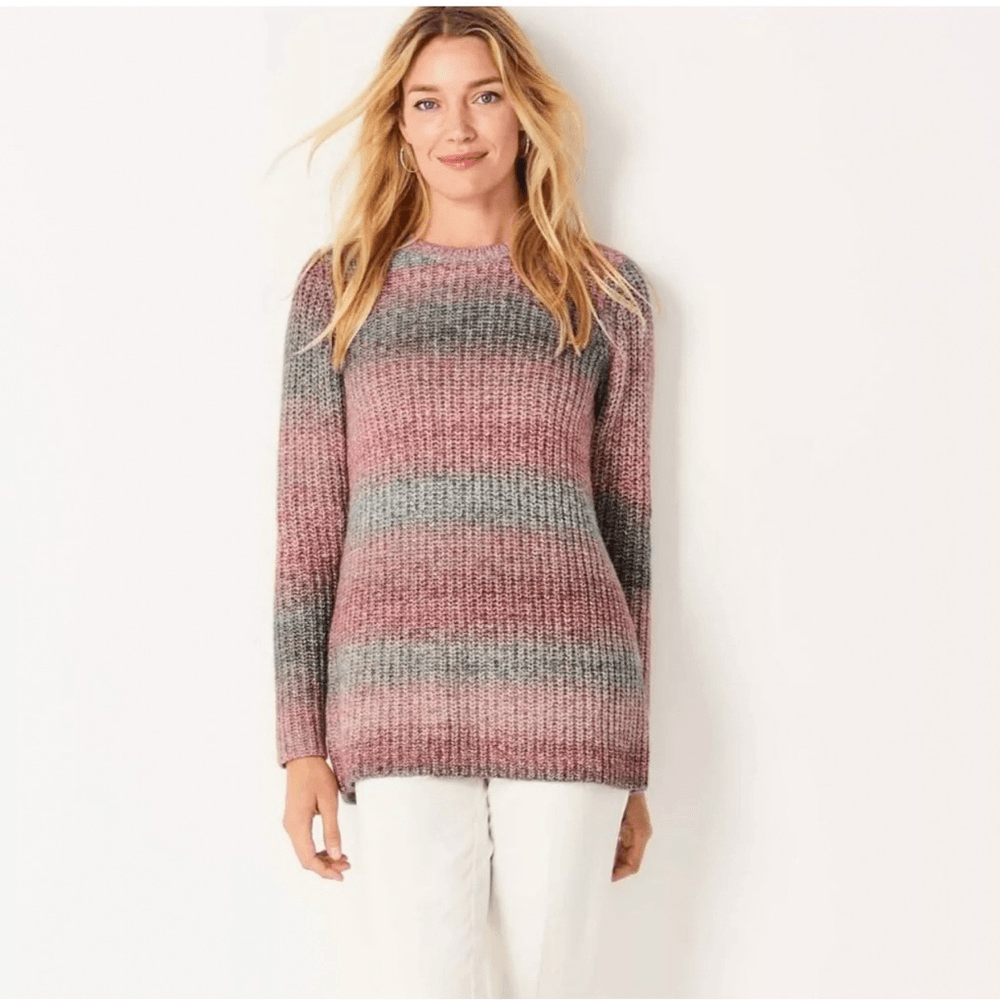 J. Jill Ombre Stripe Crewneck Sweater Wool Blend Size XL Petite Pink Gray Chunky