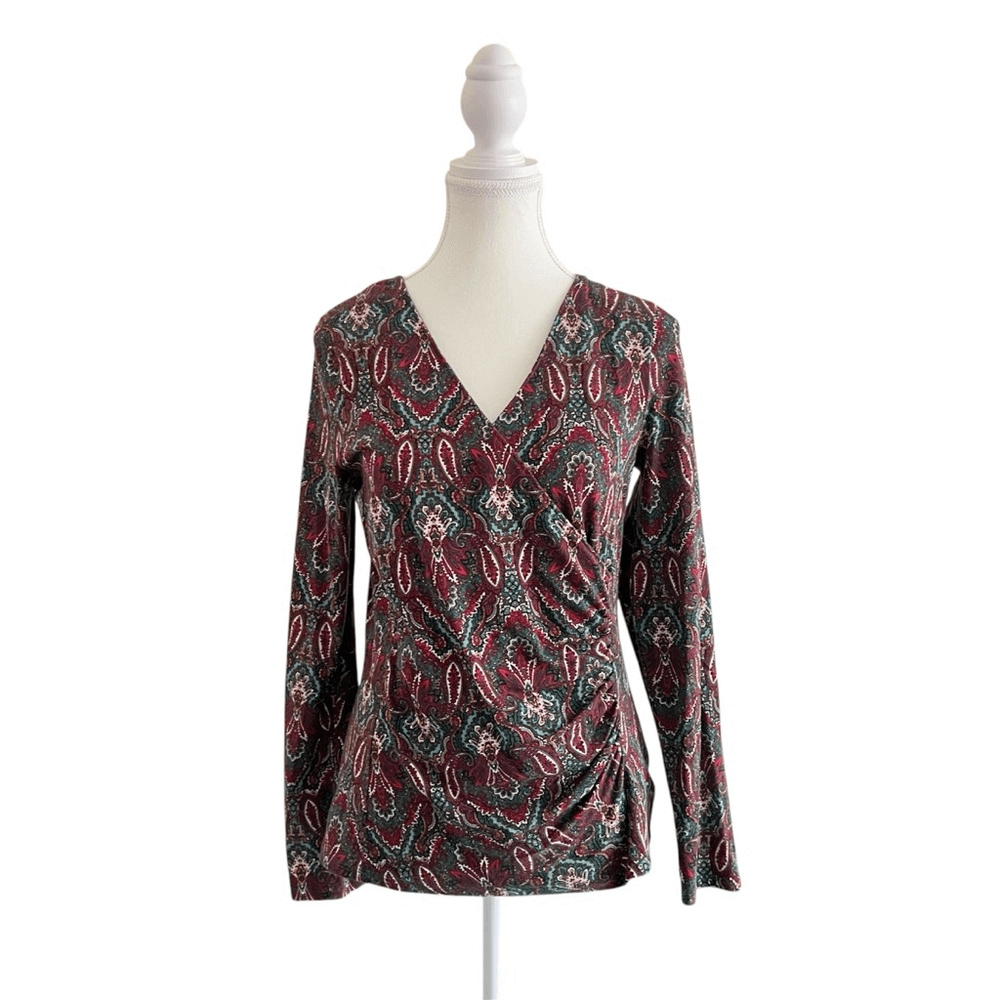 Talbots Faux Wrap Jewel Tone V-Neck Blouse Size Small Long Sleeve Paisley