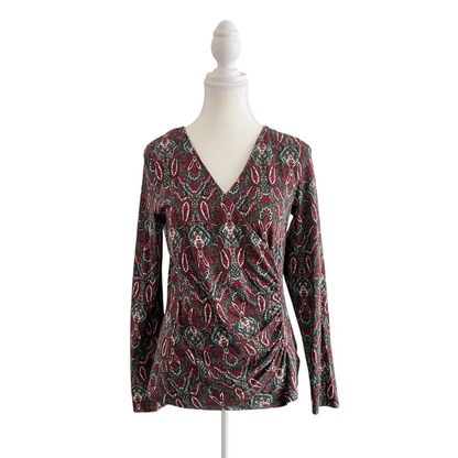 Talbots Faux Wrap Jewel Tone V-Neck Blouse Size Small Long Sleeve Paisley