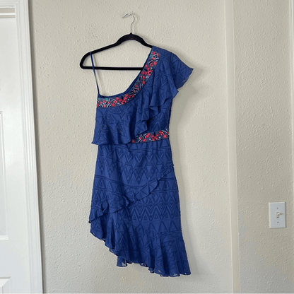 SALONI One Shoulder Ruffle Embroidered Silk Mini Dress Size 4