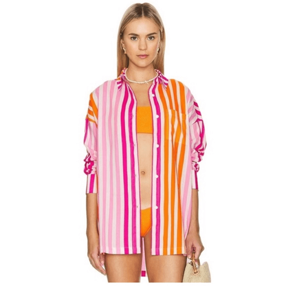 Beach Riot Alexa Striped Button Down Shirt Coverup Size S/M Pink Orange
