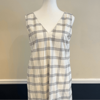Theory Deep V Linen Blend Spring Plaid Midi Dress Size Medium in Ivory
