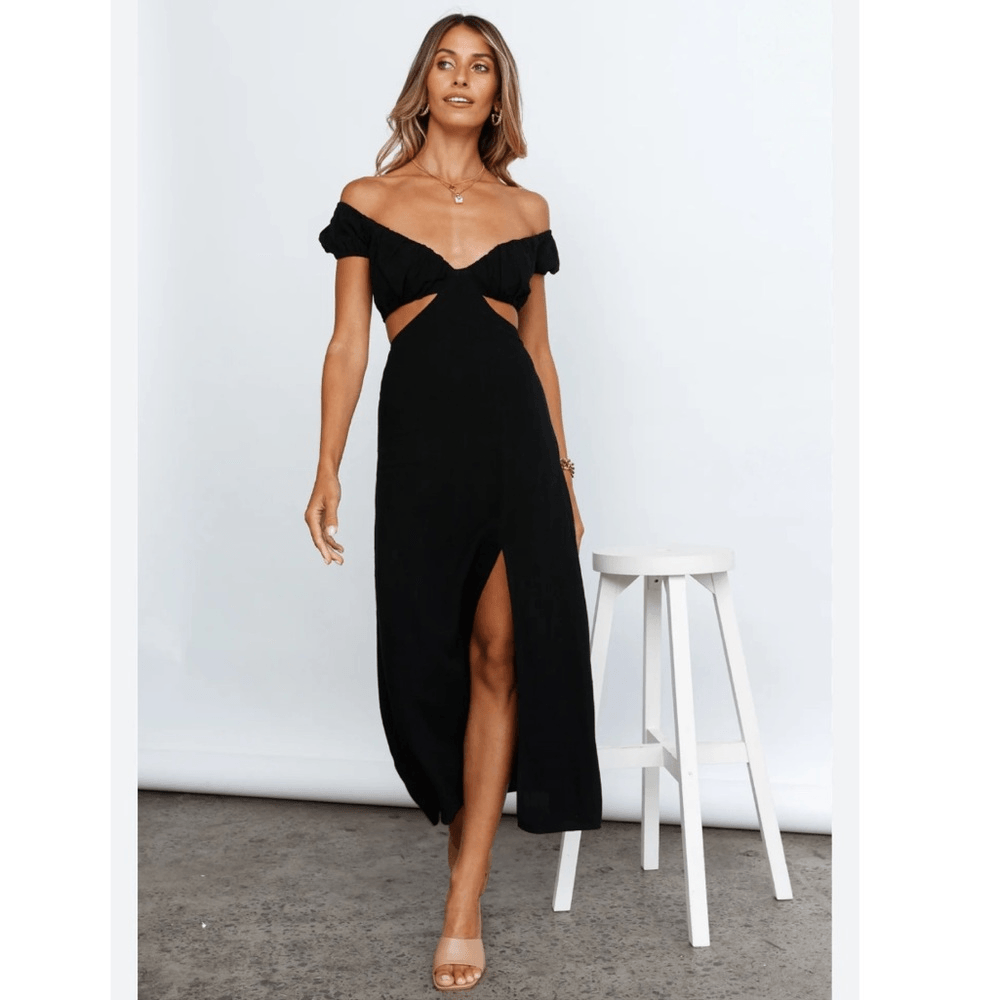Hello Molly In Your Eyes Black Linen Cut Out Off Shoulder Maxi Dress Small