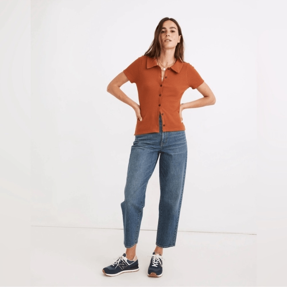 Madewell Ribbed Polo Button-Front Tee in Rust Size Small Short Sleeve