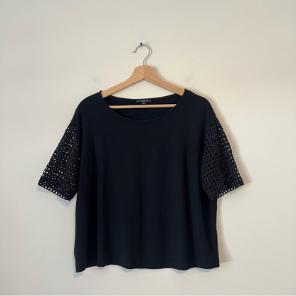 LAFAYETTE 148 Eyelet Sleeve Knit Top Black Lyocell Blend Boxy Fit