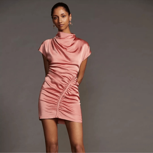 Anthropologie Ruched Asymmetrical Satin Mini Dress NEW Size 2 in Coral Pink