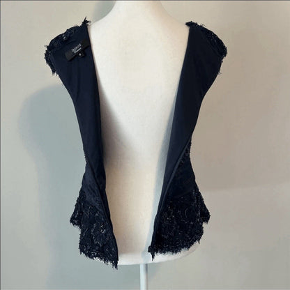 Tadashi Collection Sequin Beaded Navy Blue Top Blouse Size 8 Silk Embellishment