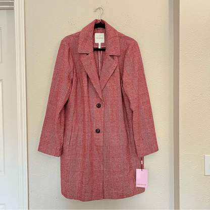 Anthropologie Avec Les Filles Red Houndstooth Plaid Longline Blazer NEW Size XL
