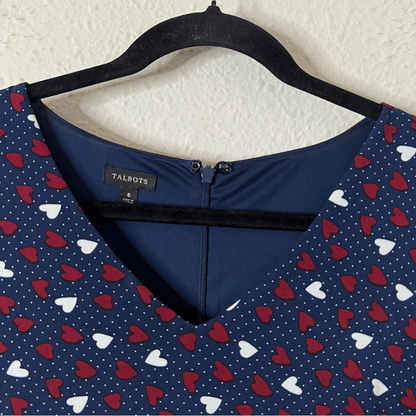 Talbots Heart Print A-Line Jersey Sheath Dress Long Sleeve Navy Blue Size 6