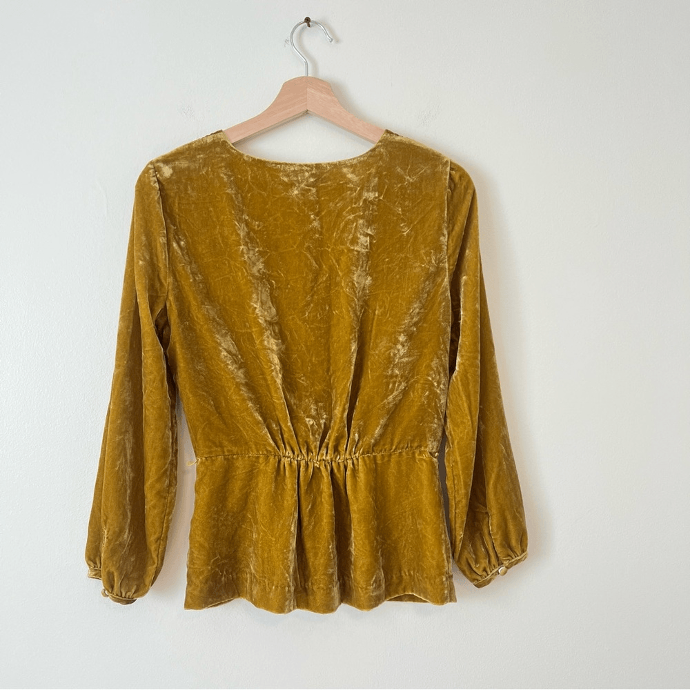 J. Crew Faux Wrap Velvet Long Sleeve Blouse Size 2 in Mustard Yellow
