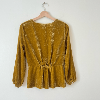 J. Crew Faux Wrap Velvet Long Sleeve Blouse Size 2 in Mustard Yellow