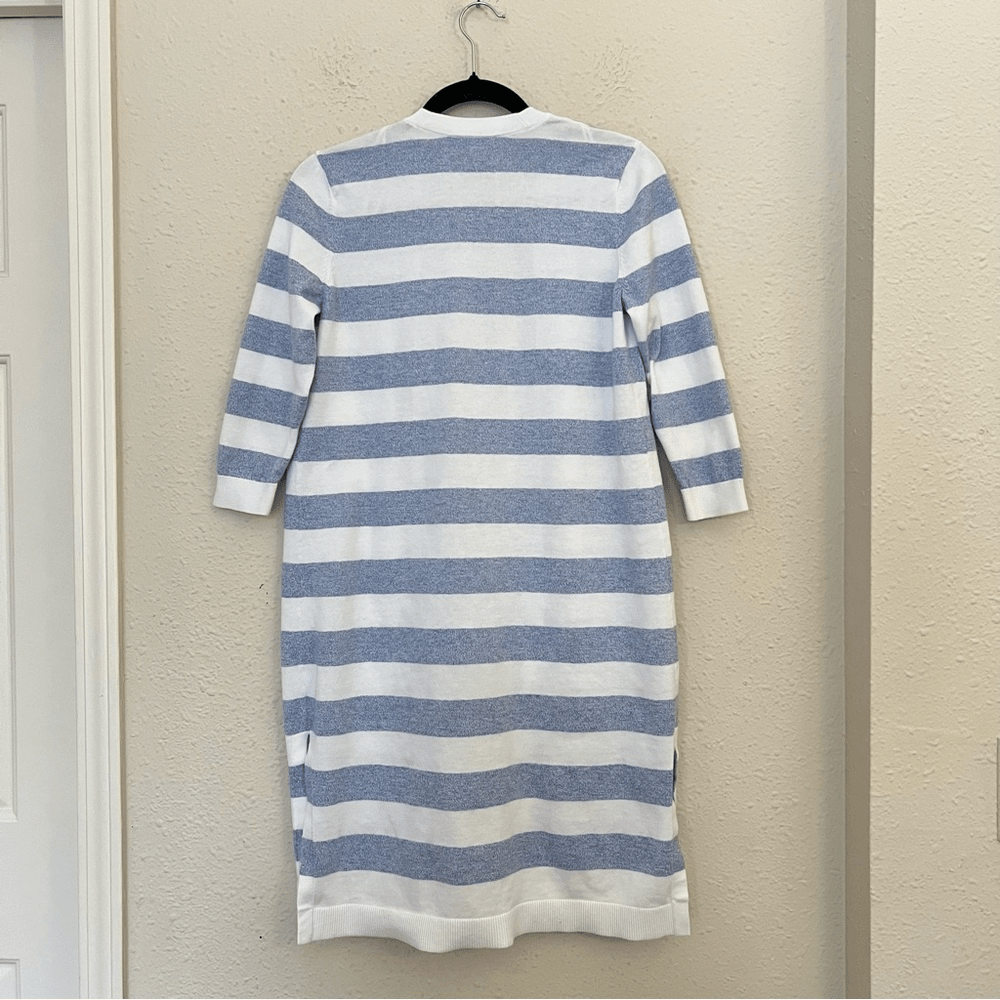 Talbots Striped Blue White Marled Longline Duster Cardigan Pima Cotton Size SP