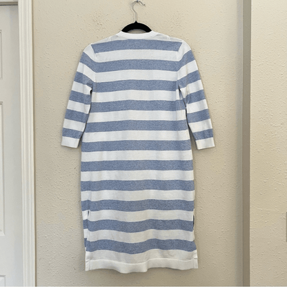 Talbots Striped Blue White Marled Longline Duster Cardigan Pima Cotton Size SP