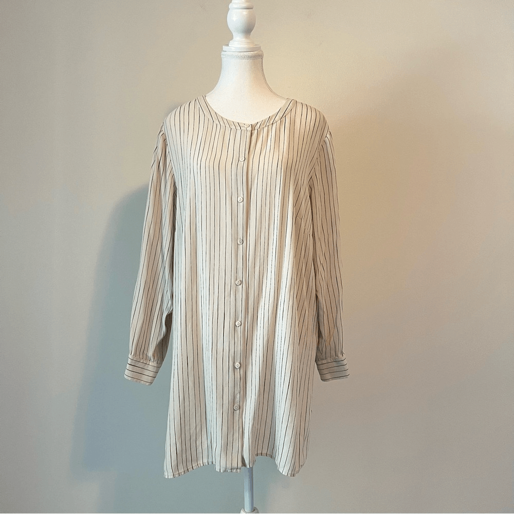 Eileen Fisher Pin Stripe Silk Georgette Crepe Print Long Tunic Shirt Blouse 1X