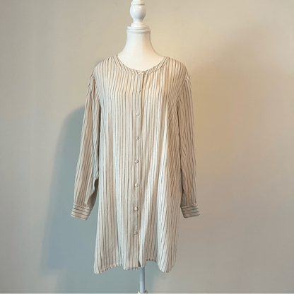 Eileen Fisher Pin Stripe Silk Georgette Crepe Print Long Tunic Shirt Blouse 1X