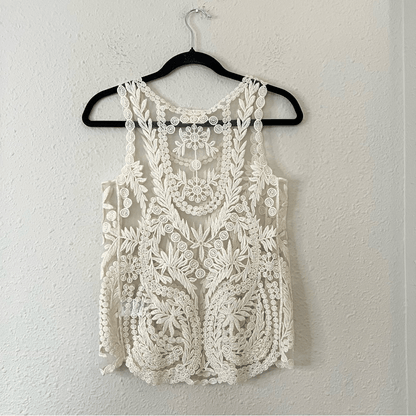 Anthropologie Pins & Needles Cream Embroidered Sheer Lace Tank Top Size Small