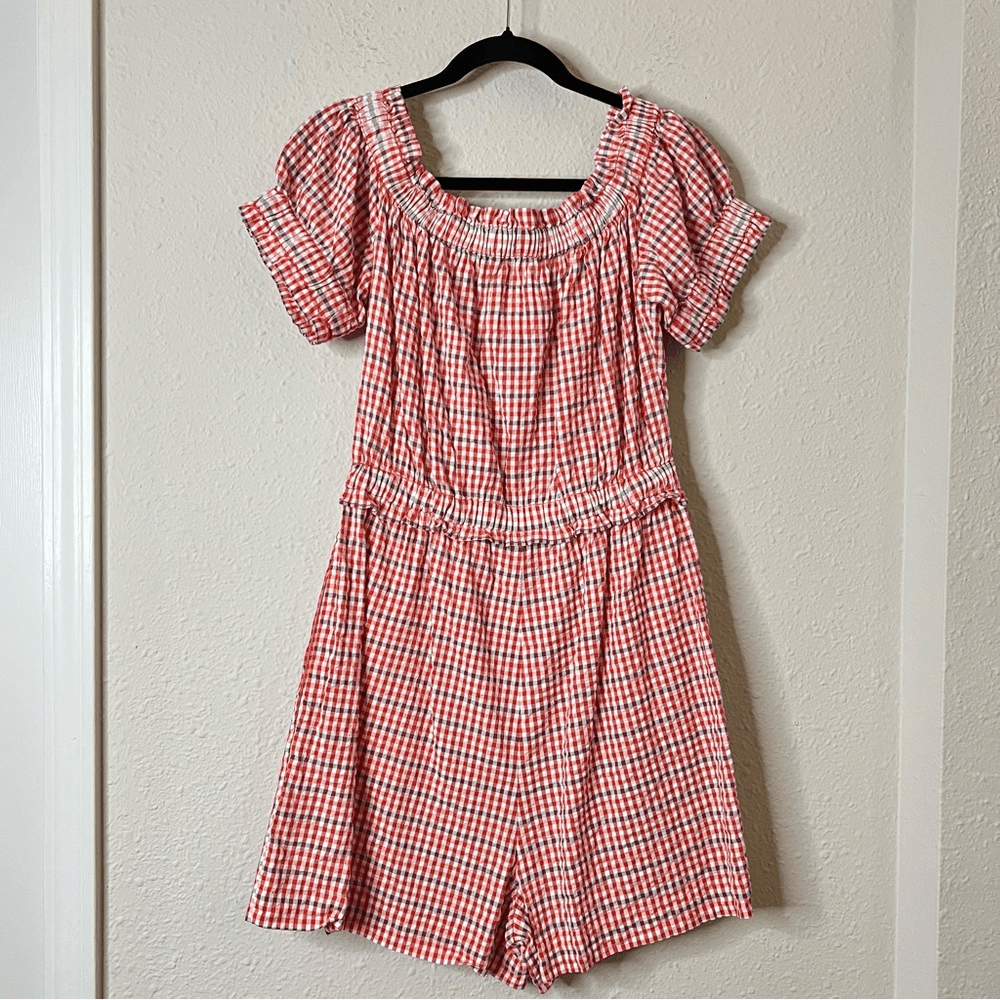 Anthropologie Gingham Off the Shoulder Seersucker Romper Size Medium
