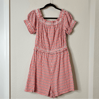 Anthropologie Gingham Off the Shoulder Seersucker Romper Size Medium