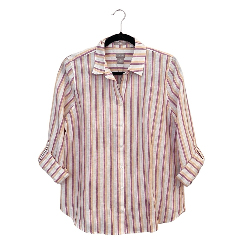 Chico’s Linen Metallic Striped Roll-Tab Button Front Shirt NEW Size 1