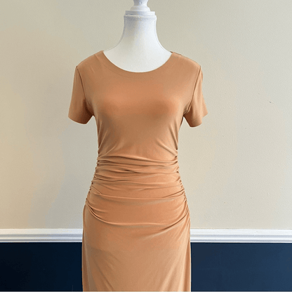 Norma Kamali Kamali Kulture Crew Neck Shirred Midi Bodycon Dress in Tan Size S