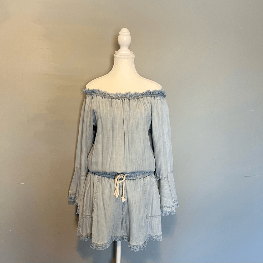 Ramy Brook Esie Chambray Romper Size XS Long Bell Sleeves Off the Shoulder