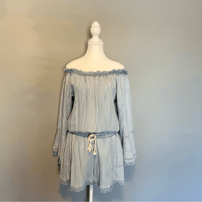 Ramy Brook Esie Chambray Romper Size XS Long Bell Sleeves Off the Shoulder