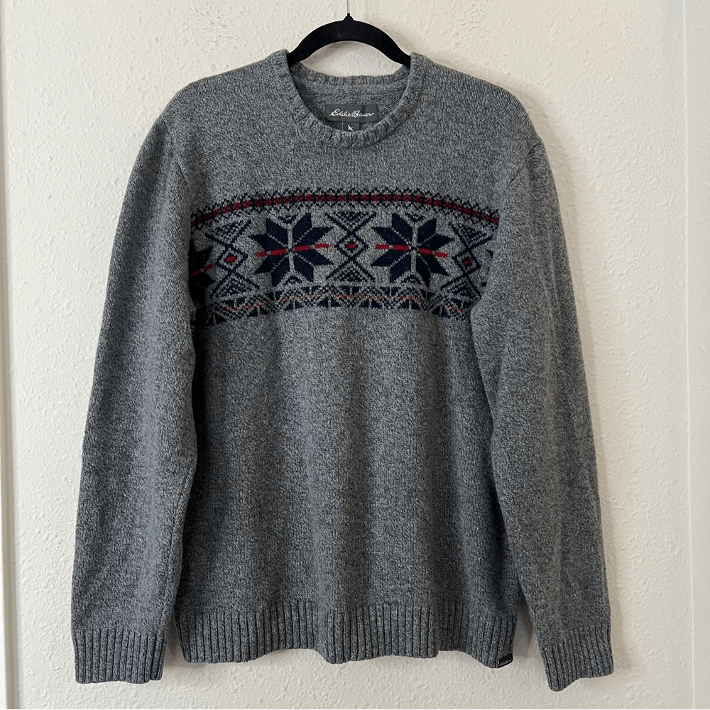 Eddie Bauer Fair Isle Wool Blend Crew Neck Sweater Size XL in Gray