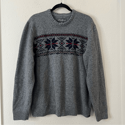 Eddie Bauer Fair Isle Wool Blend Crew Neck Sweater Size XL in Gray