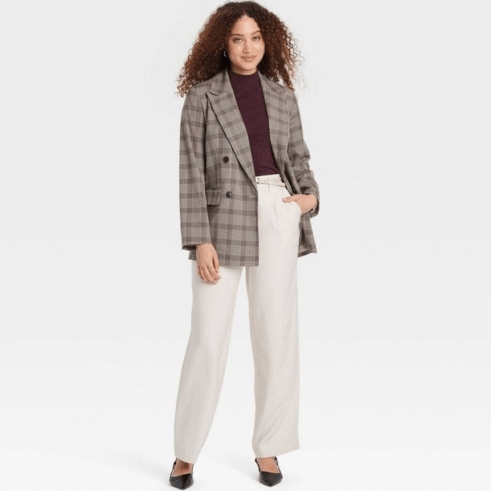 A New Day Plaid Blazer Jacket in Tan Size Medium Double Breasted Career Work