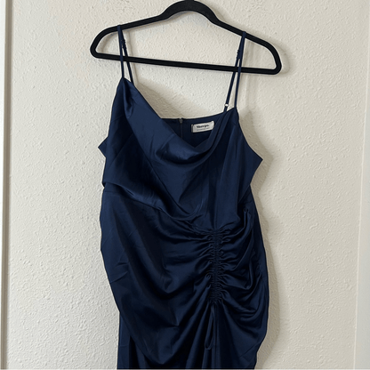Showpo Lieselotte Midi Dress Ruched Front Split Cowl Neck Satin NEW Navy Blue 14