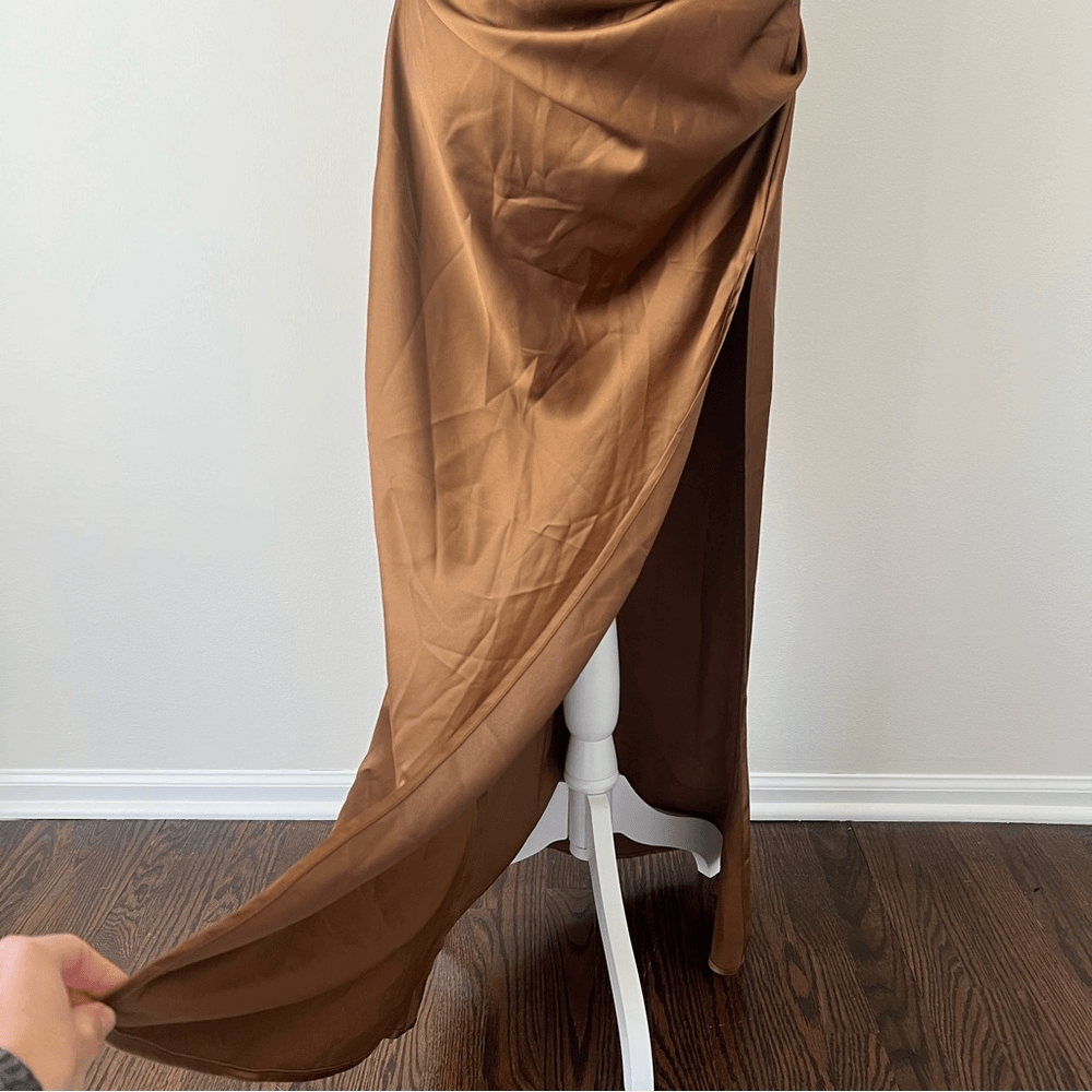 Showpo Malornan High Neck Ruched Satin Maxi Dress in Coffee Size 10