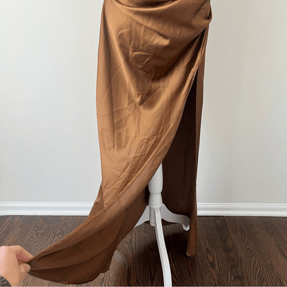 Showpo Malornan High Neck Ruched Satin Maxi Dress in Coffee Size 10