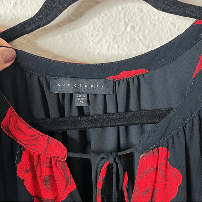 Sanctuary Cold Shoulder Rose Print Long Sleeve Blouse Black and Red Size Medium