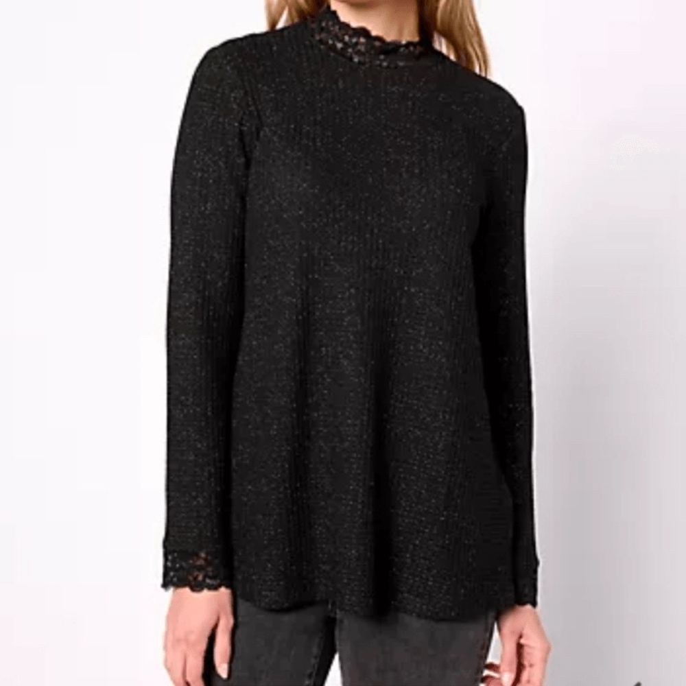 LOGO Lori Goldstein Black Metallic Waffle Knit Lace Top Pockets Stretchy Size 2X