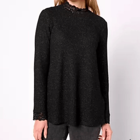 LOGO Lori Goldstein Black Metallic Waffle Knit Lace Top Pockets Stretchy Size 2X