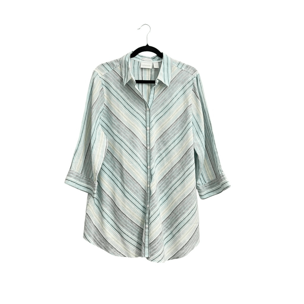 Chicos No Iron Striped 100% Linen Button Front Top Shirt Teal Blue White Size XL