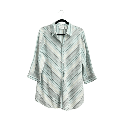 Chicos No Iron Striped 100% Linen Button Front Top Shirt Teal Blue White Size XL